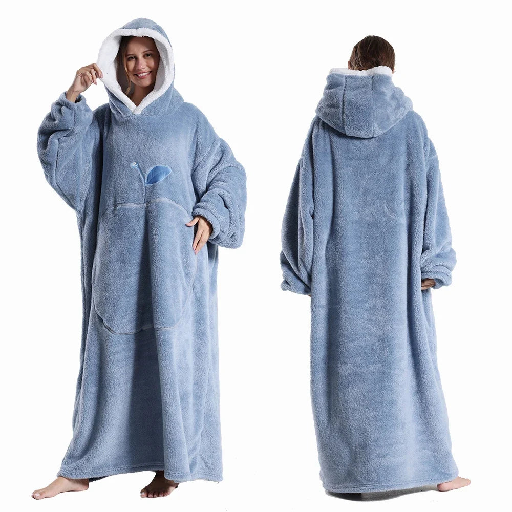 Women Plush Fleece Blanket Men Warm Thick Hoodies Adult Giant TV Blanlets with Sleeves Super Long Cold-proof Homewear Pajamas