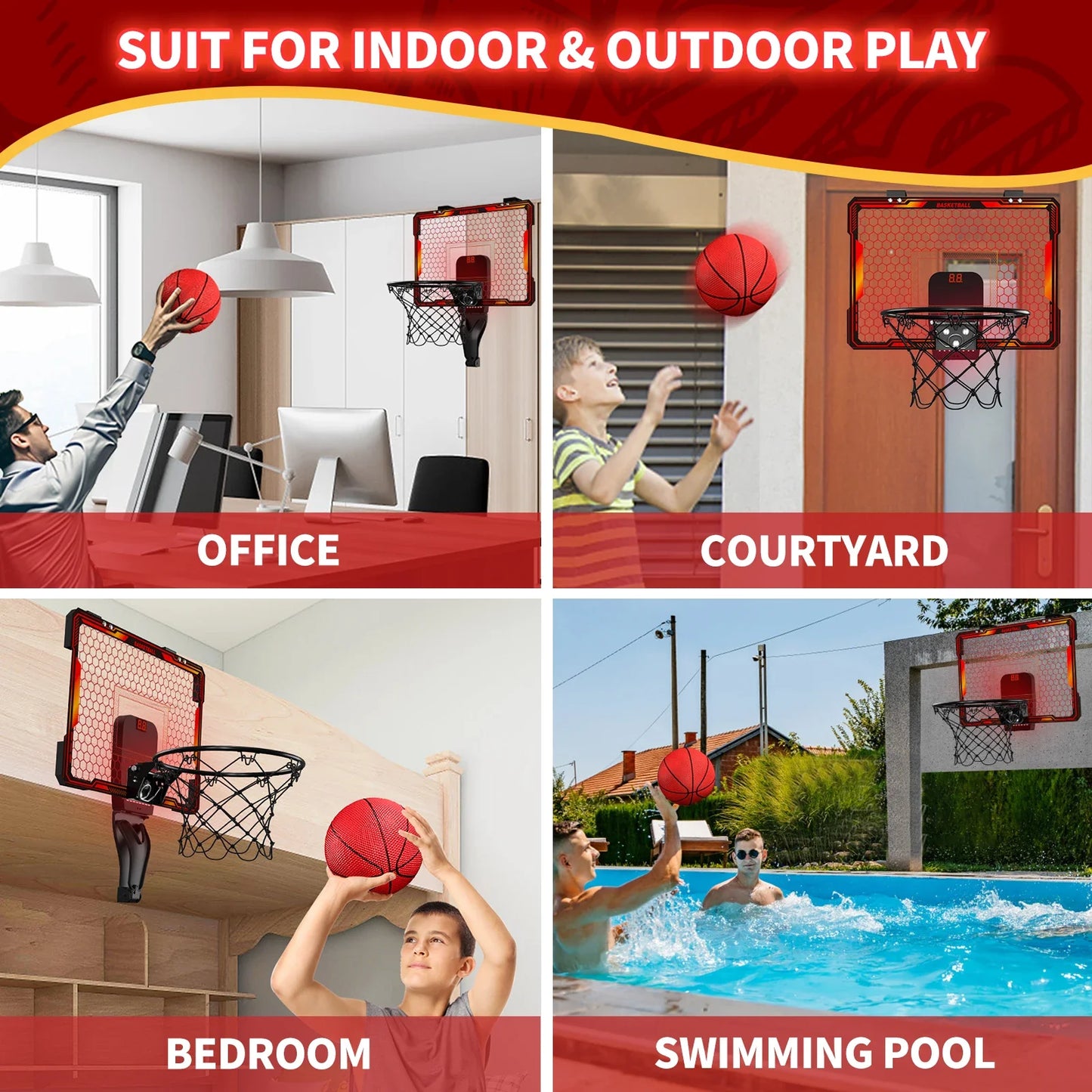 Mini Indoor Basketball Hoop with 7 LED Lights Scoreboard 3 Play Modes Adjustable Volume over Door Foldable for Kids Adults