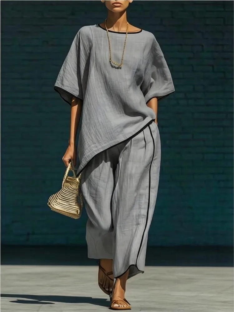 Summer Women's Fashion Splicing Striped Casual O Neck Short-sleeved Trousers Suit Loose Simple Wide Leg Long Pants 2 Piece Sets