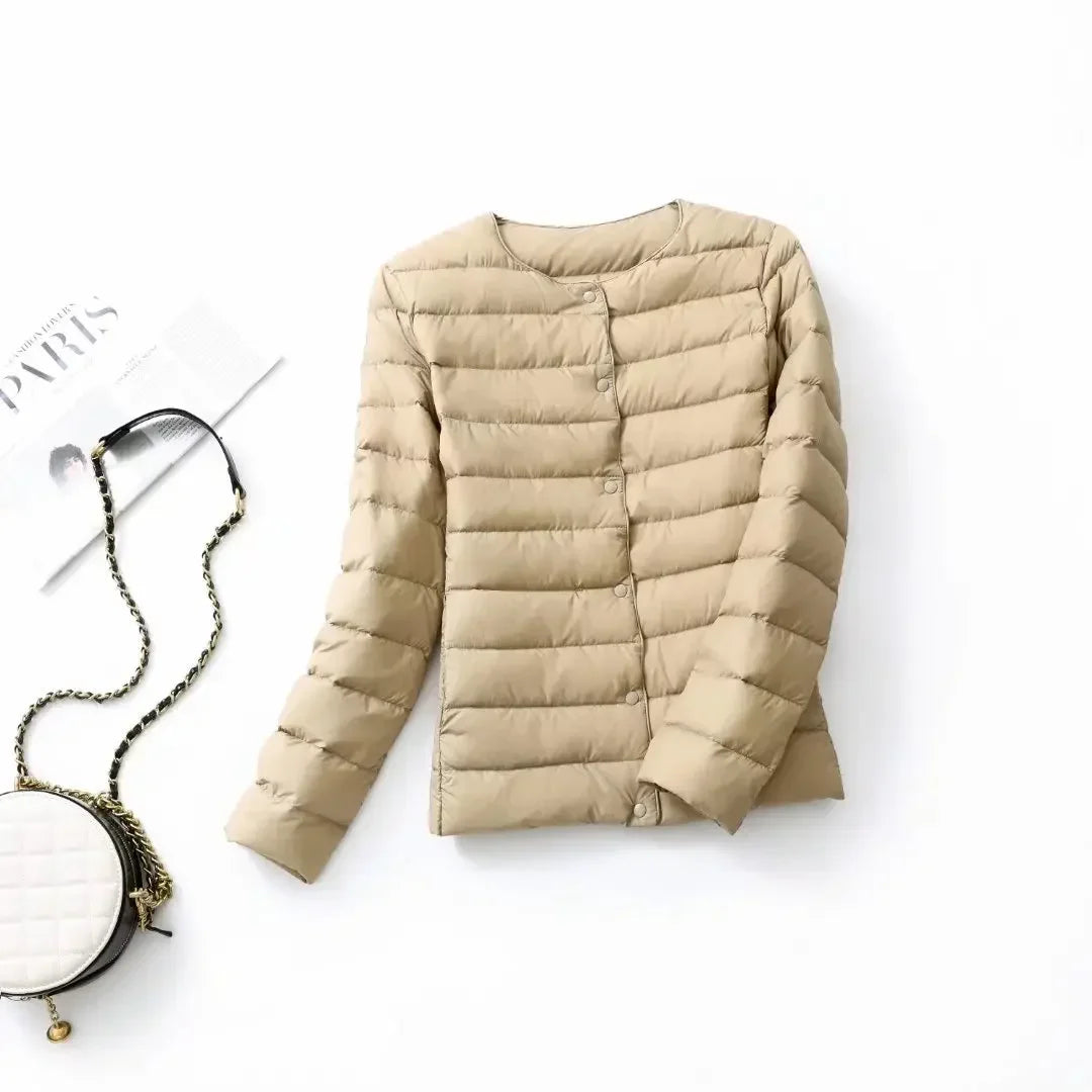New Female Light Down Coat Women Liner Duck Down Jacket O-neck Variable V-neck 2024 Fall Collarless Light Quilted Puffer Coat