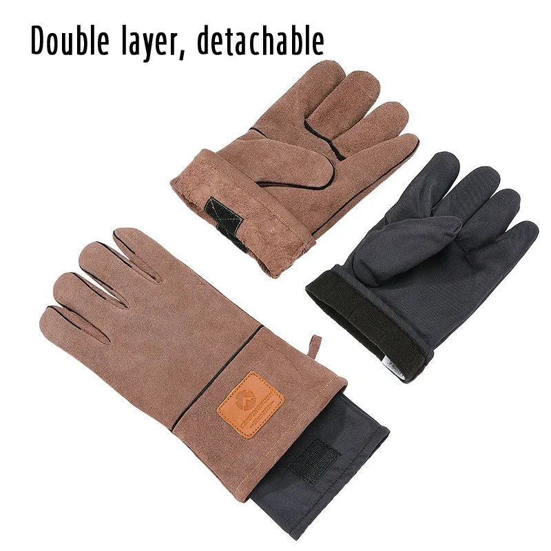 Campingmoon  Flame Retardant Heat Insulation Leather High Temperature Outdoor Camping Picnic BBQ Gloves