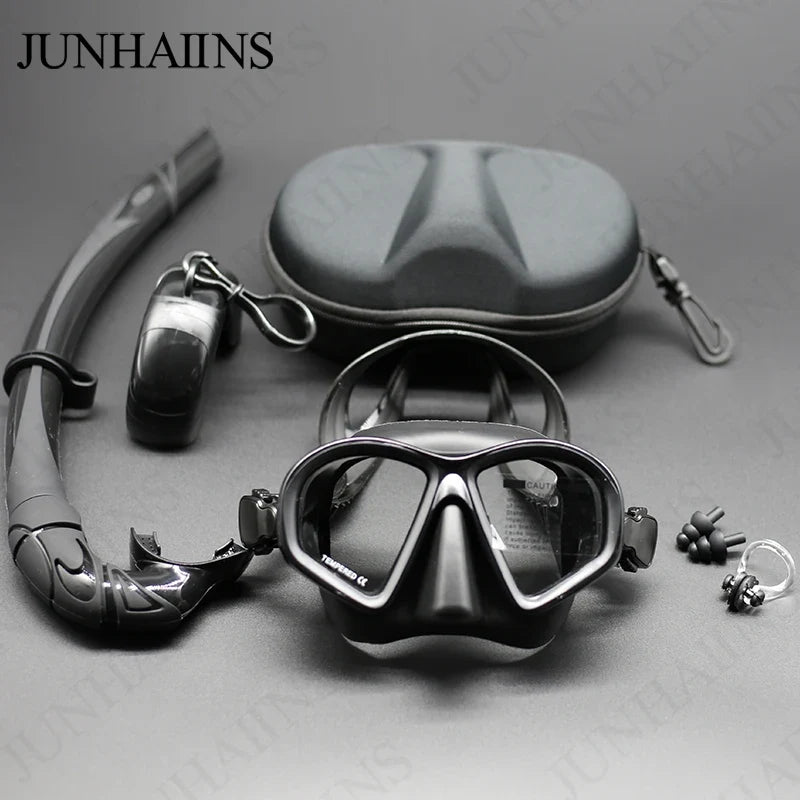 JUNHAIINS Tempered Glass Freediving Mask Snorkeling Set Foldable Snorkel J-Type Diving Mask with Camera Mount
