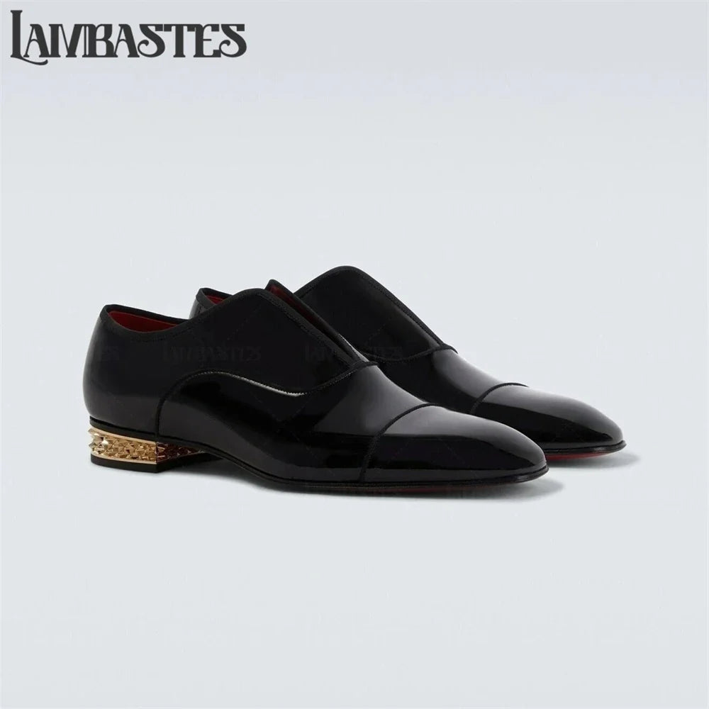 Gold Geometric Heel Patent Leather Mens Loafers Polished Glossy Upper Red Lining Formal Dress Shoes Embossed Gold Heel Loafers