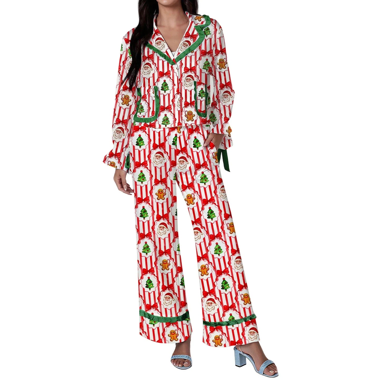 Women's Christmas Pajama Sets Fashionable Lapel V Neck Long Sleeve Printed Tops with Pants 2 Pieces Soft Sleepwear