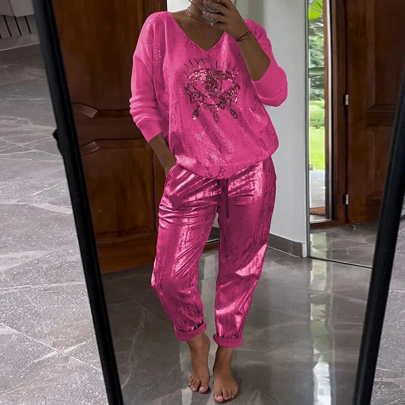 Women's Gold Shining Eye 2 Piece Set Long-Sleeved Top V-Neck Pullover Bronzing Pants Outfit Lace-up Loose Suit Spring Summer
