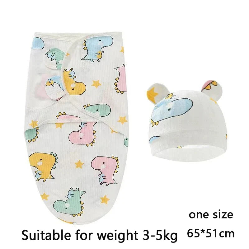 Baby Blanket Hat Set Cartoon Printed Cotton Newborn Swaddle Adjustable