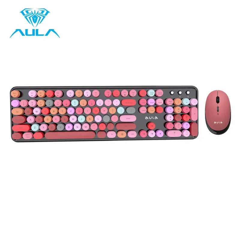 AULA Wireless Keyboard Mouse Combo 104 Keys Retro Round Keycaps Silent Typing 2.4G Ergonomic Office Gaming Set for PC Laptop