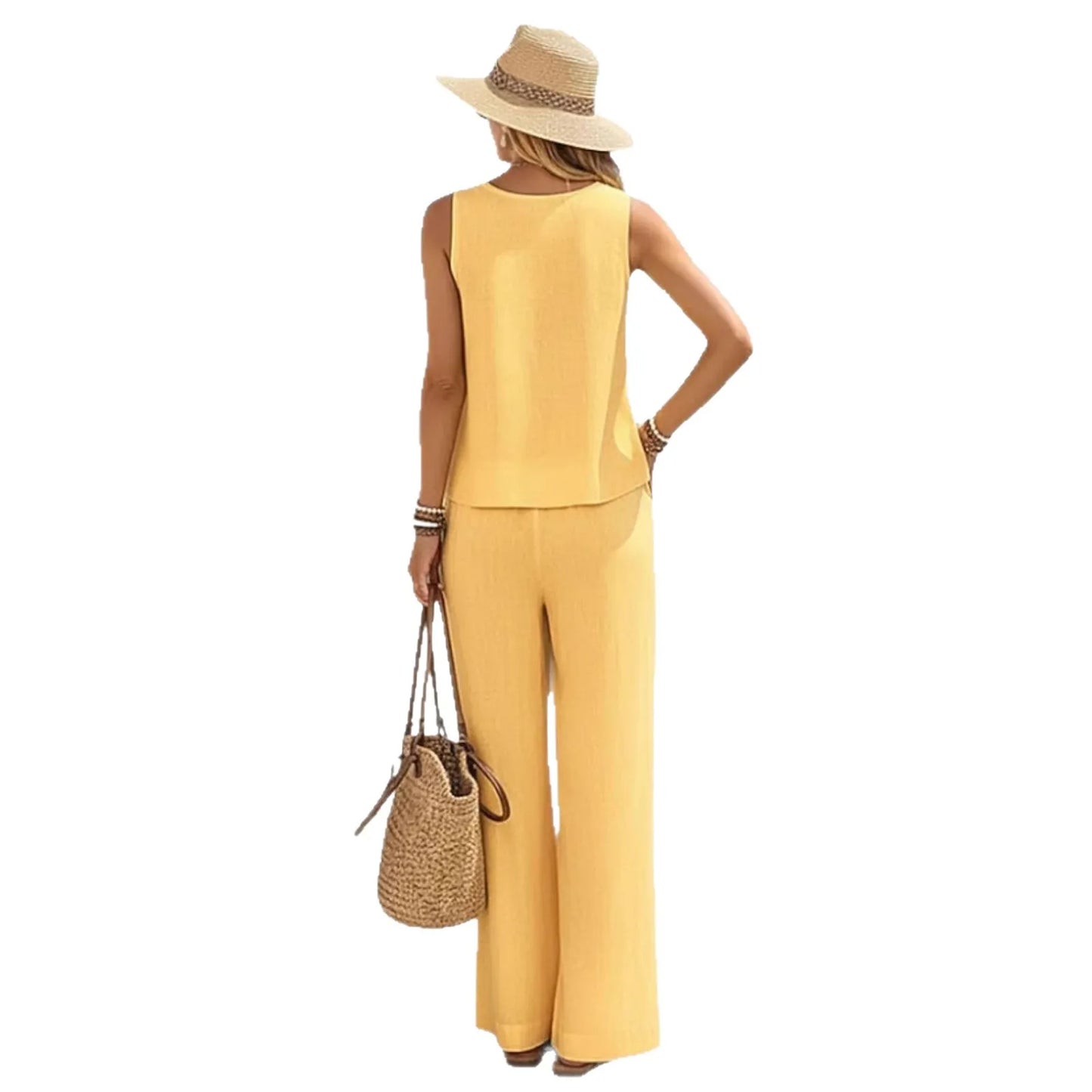  Women Vacation 2 Piece Outfit Sleeveless Tank Loose Top Pockets Wide Leg Pants Cotton Linen Blend Casual Summer Beach Wear