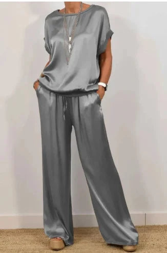 Casual Loose Satin T Shirt Pants Two Piece Sets Women Fashion O-neck Short Sleeve T Shirts Suit Spring Summer Wide Leg Pant Sets