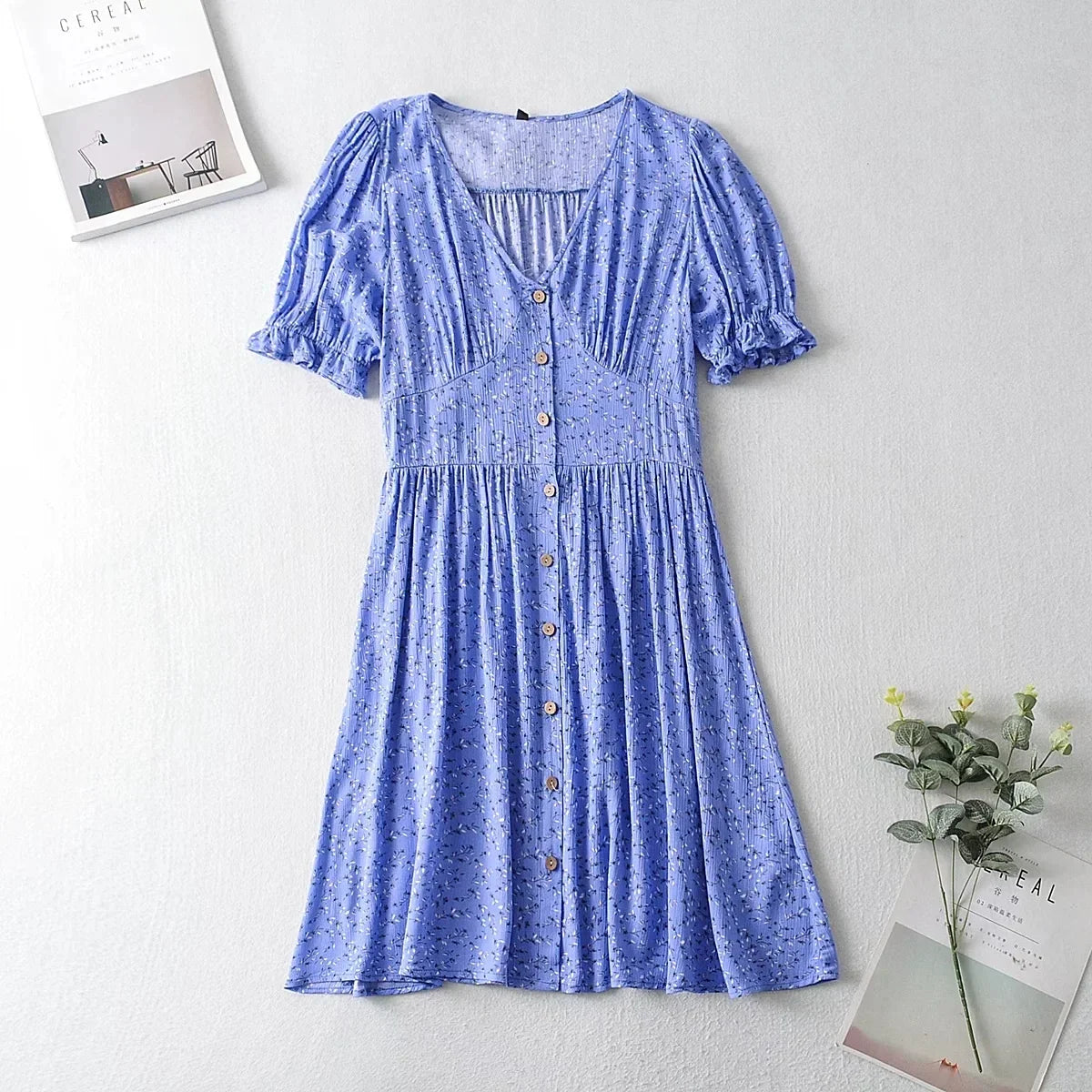 Foridol Blue Floral Print Summer Beach Dress Women Casual Holiday Short Sleeve Dress Boho Sundress Vestidos Fashion Clothes