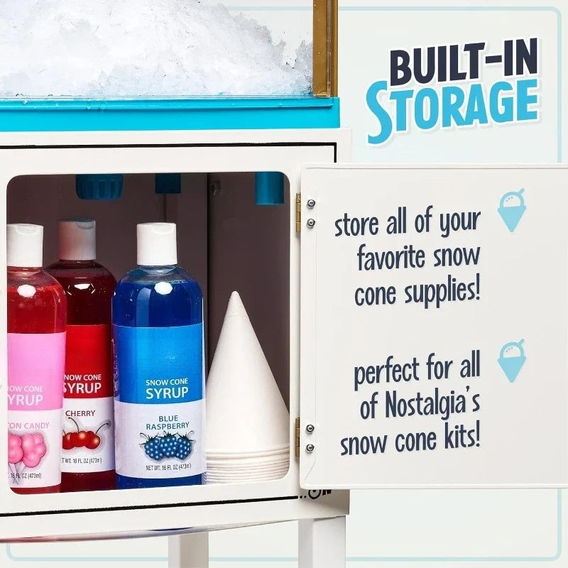 Snow Cone Shaved Ice Machine - Retro Cart Slushie Machine Makes 48 Icy Treats - Includes Metal Scoop, Storage Compartm
