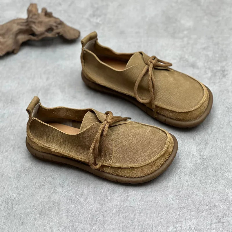Johnature Handmade Genuine Leather Flats 2026 New Women Shoes Round Toe Shallow Soft Sole Loafers Retro Solid Color Shoes