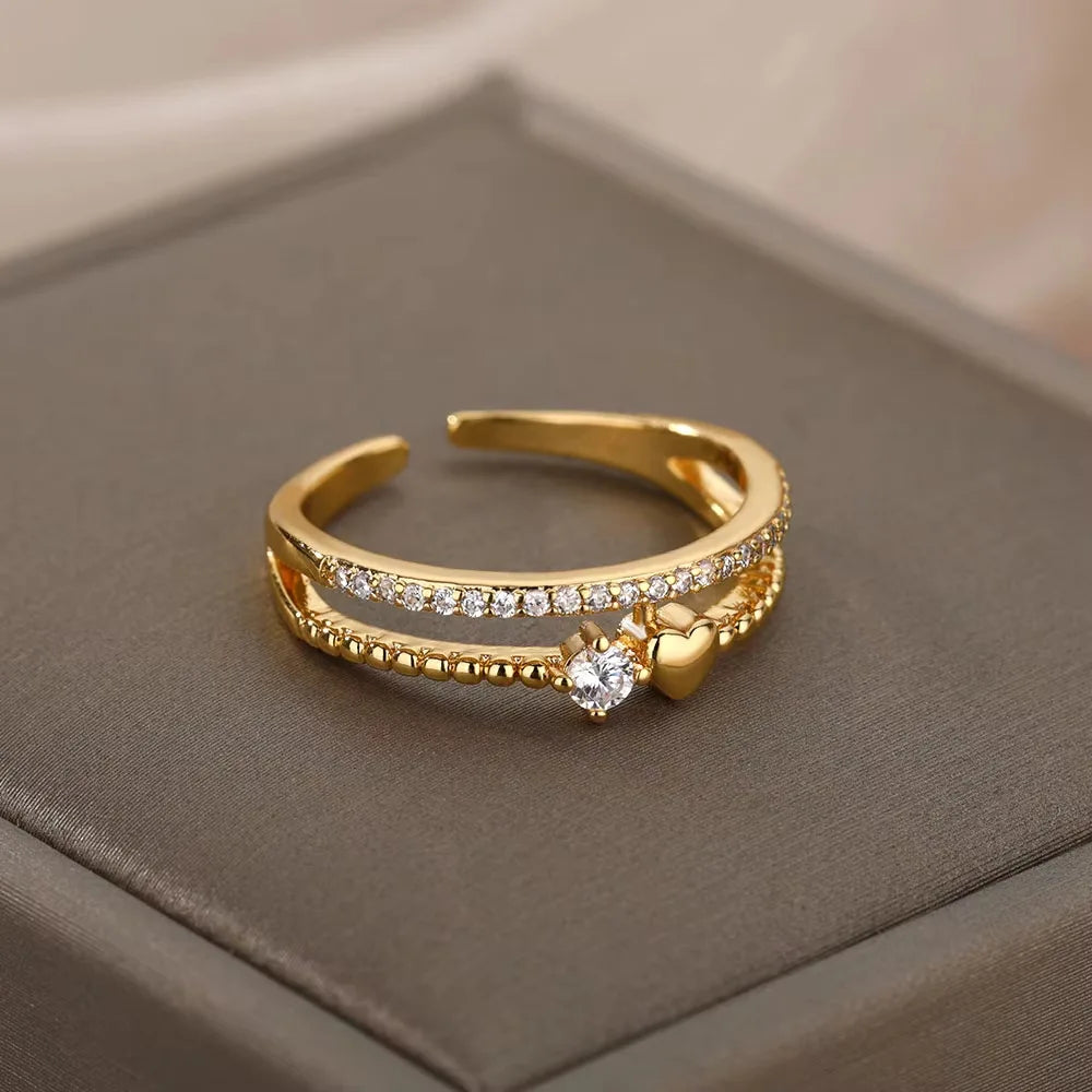 Gold Plated Stainless Steel Crystal Rings For Women Chain Geometry Zircon Finger Ring Jewelry Gift anillos mujer 2025 New Trendy