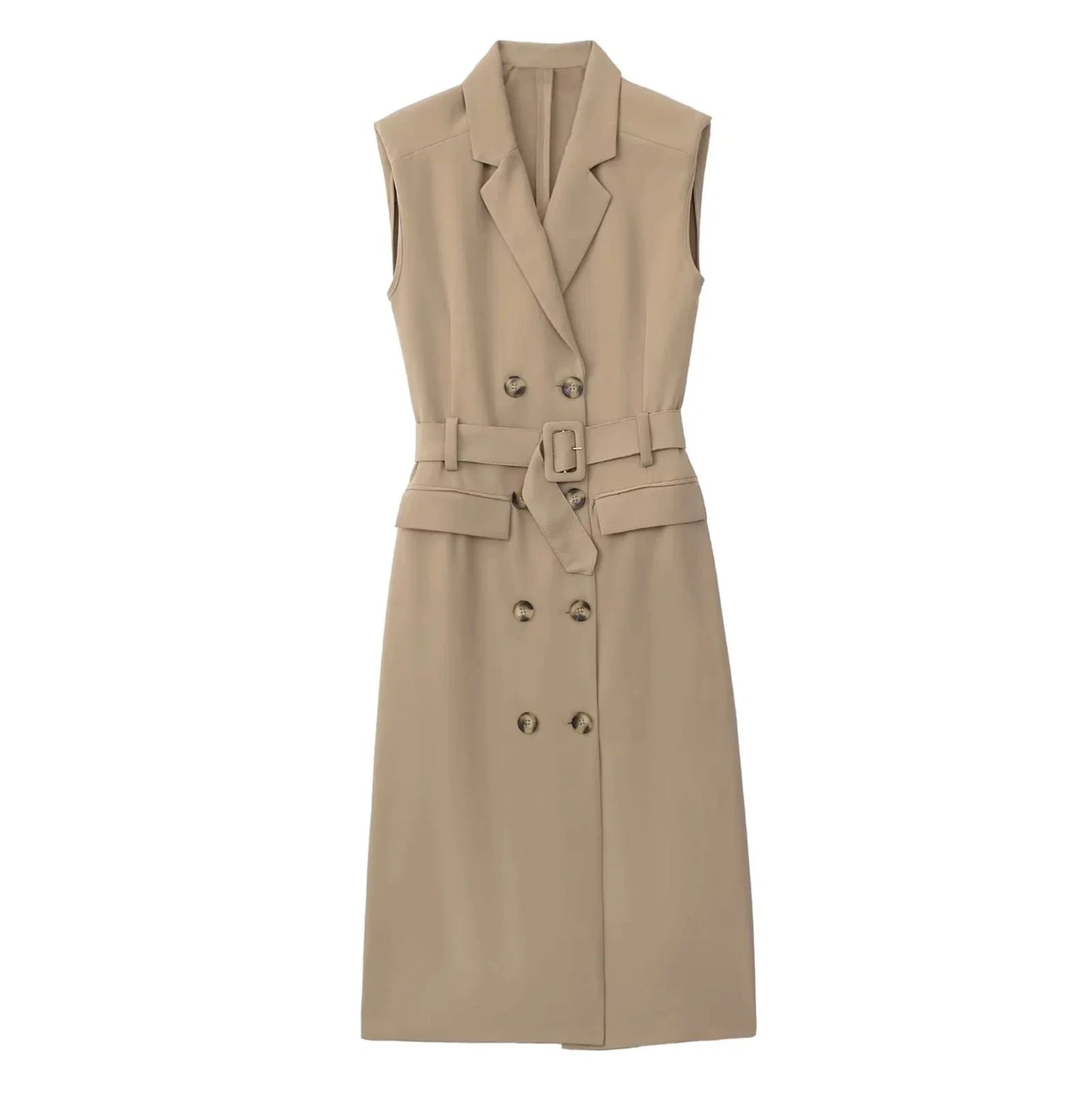 Foridol Khaki Double Breasted Sleeveless Office Windbreaker Style Dress Turn Down Collar Lady Elegenta Vintage Belt New Vestidos