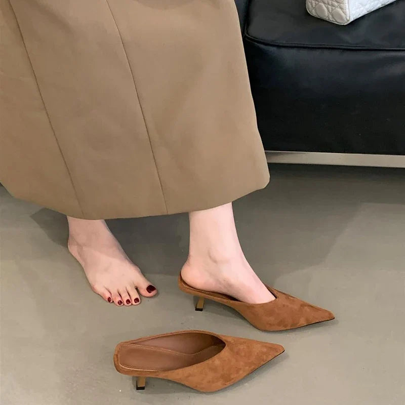 Summer Fashion Thin Mid Heels Women Slippers Elegant Pointed Toe Party Dress Mule Slides Shoes Zapatos Mujer