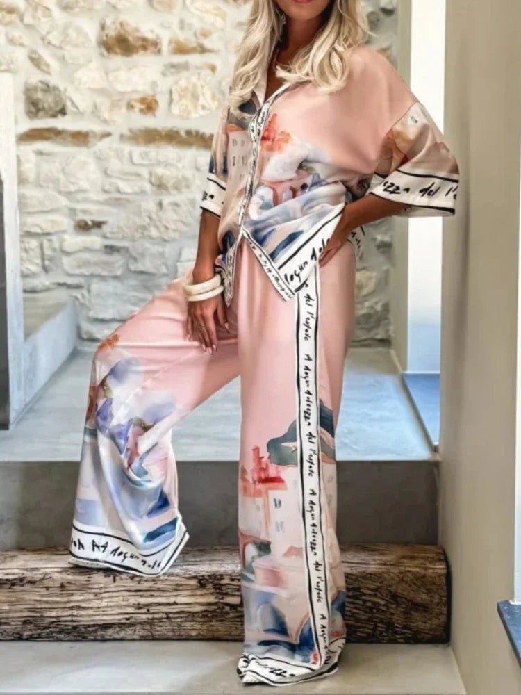 2 Pieces Set for Woman Summer New Elegant Printed Half Sleeves Shirt Tops Suits Fashionable Casual Loose Wide Leg Pants Sets