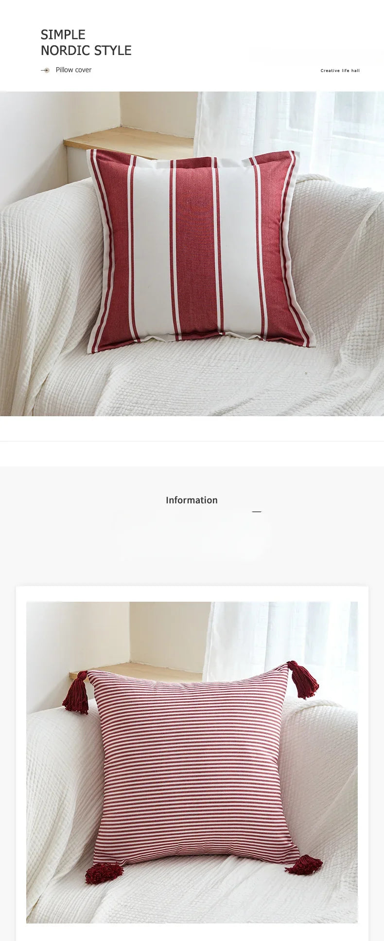 Classical Striped Cushion Cover 45x45cm Hawthorn Red Ivory Recycle Polyester Fabric Pillow Cover Indoor Outdoor Home Decoration
