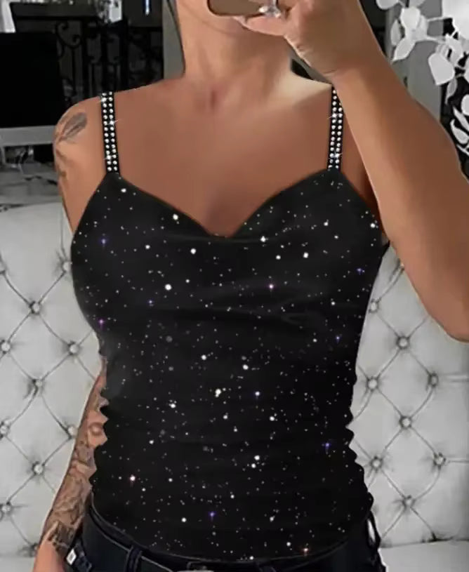 Camisola con cuello en V de lentejuelas – Top brillante con tirantes de strass
