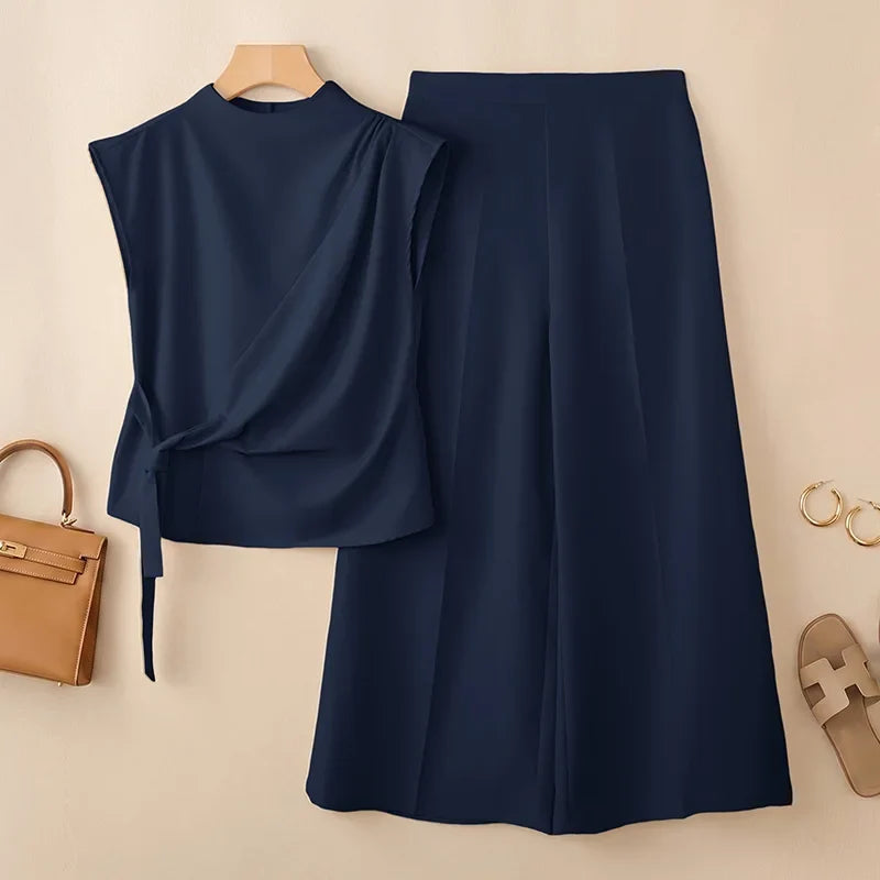 ZANZEA Summer Trousers Suit Short Sleeve Lace-Up Blouse Wide Leg Pant Sets Solid Color OL Work Outfit Fashion Women 2 Piece Sets