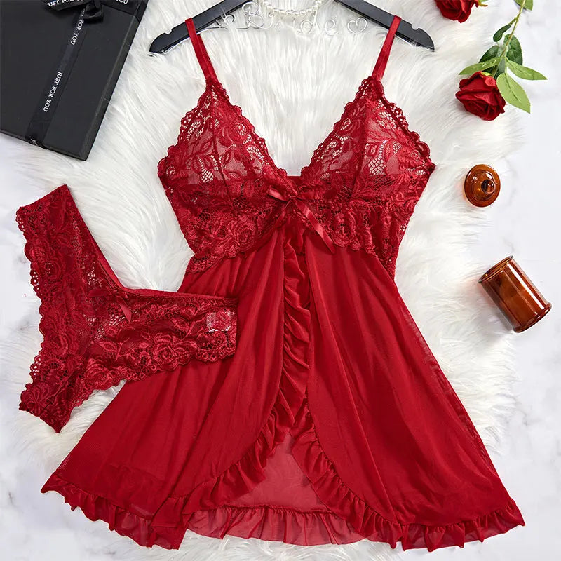 Sexy Women Lace Lingerie Set, Transparent Pink Lace Camisole & Panties Suit, Sexy Romantic Night V-Neck Temptation Hot Sleepwear