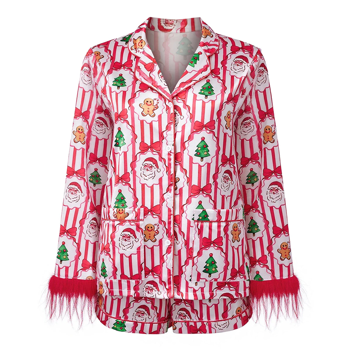 Women Satin 2025 Christmas Pajama Set Bow/Tree Print Long Sleeve Shirt with Shorts Two Pieces Sleepwear Loungewear