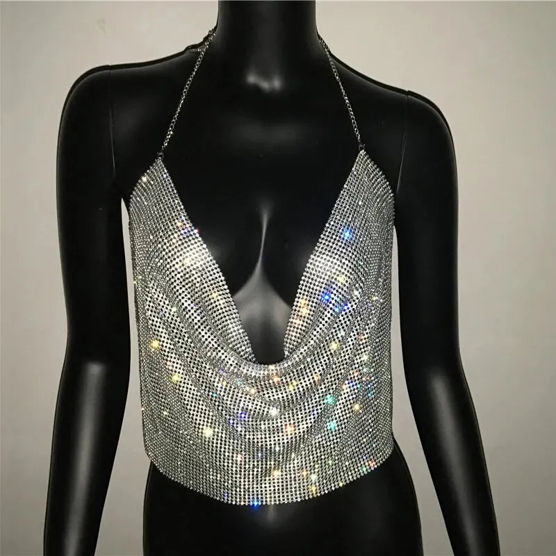 Festival Brilliant Rhinestone Backless Party Crop Top Women 2025 Summer Glitter Evening V Neck Diamonds Metal Tank Tops