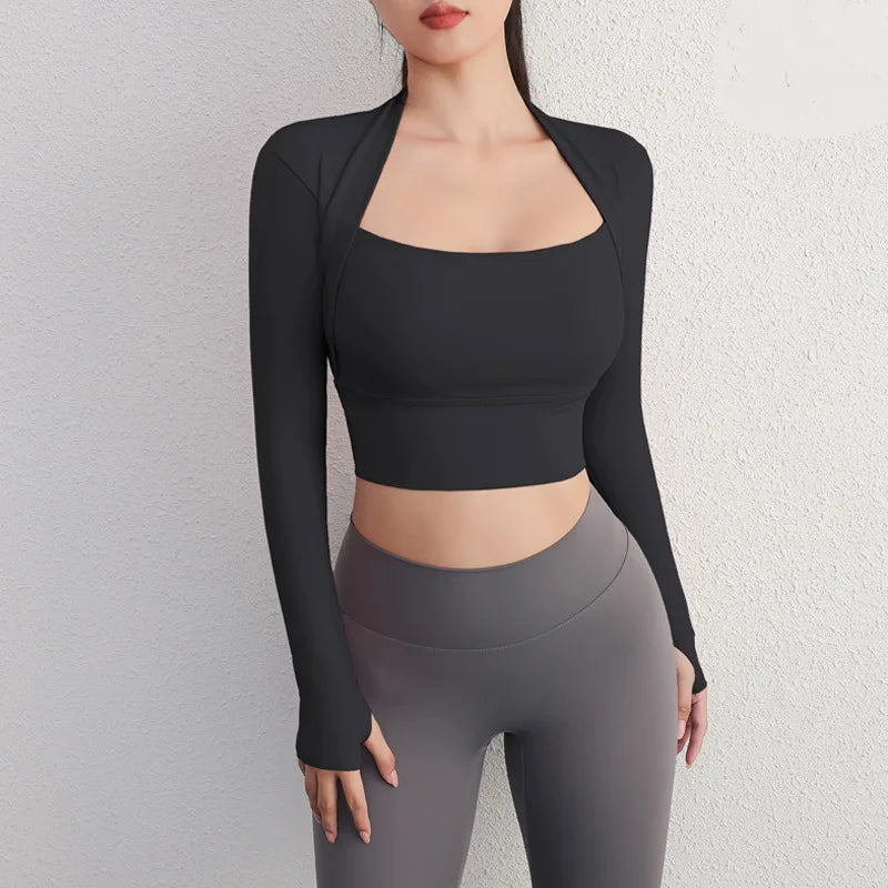 Camisetas de yoga acolchadas de manga larga, tops cortos, camisetas de gimnasio escotadas