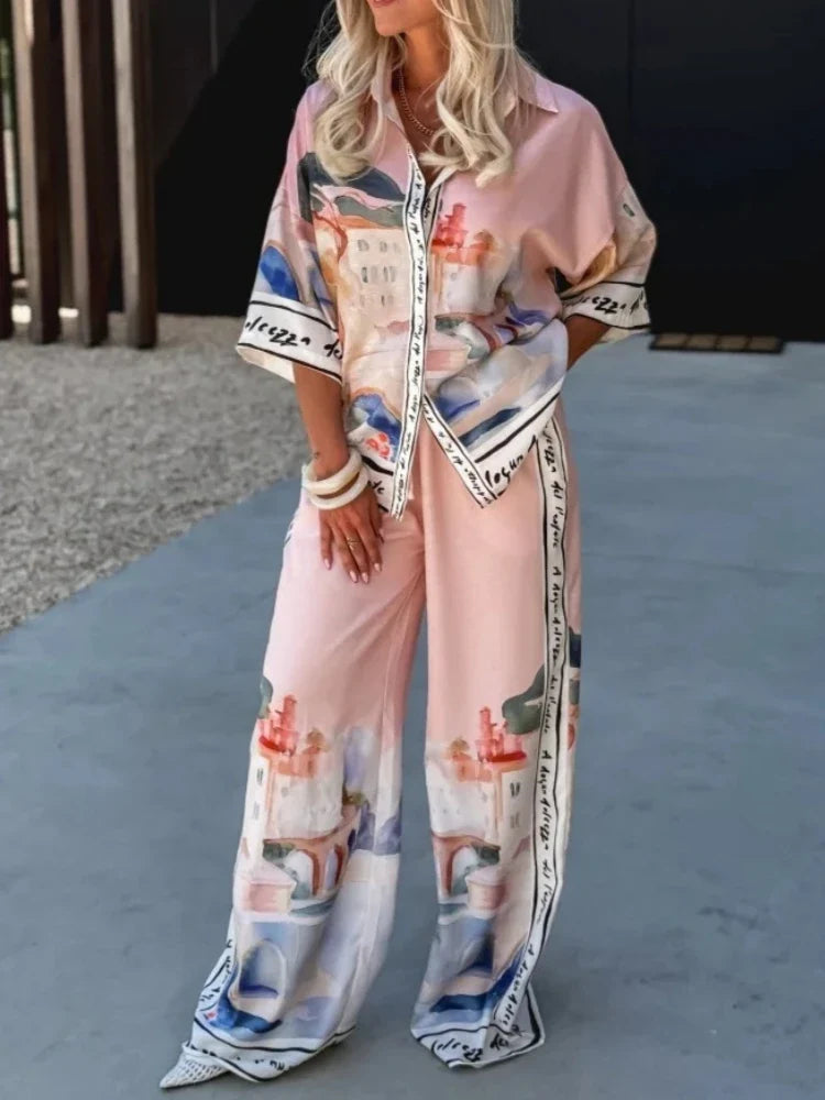 2 Pieces Set for Woman Summer New Elegant Printed Half Sleeves Shirt Tops Suits Fashionable Casual Loose Wide Leg Pants Sets