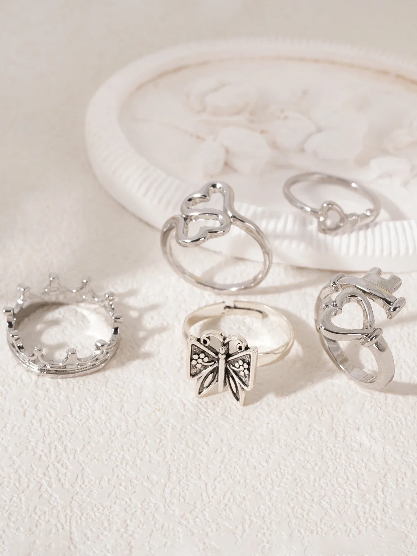 Heart Butterfly Ring Set Crown Heart-Shaped Designs Stackable Vintage Jewelry for Women, Boho Punk Fashion Accessory