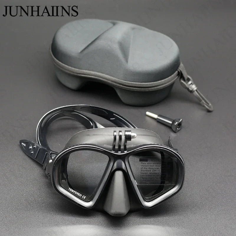 Wet Low Volume Diving Mask Tempered Glass Freedive Mask J-type Diving Mask Snorkel Set with Camera Mount Black