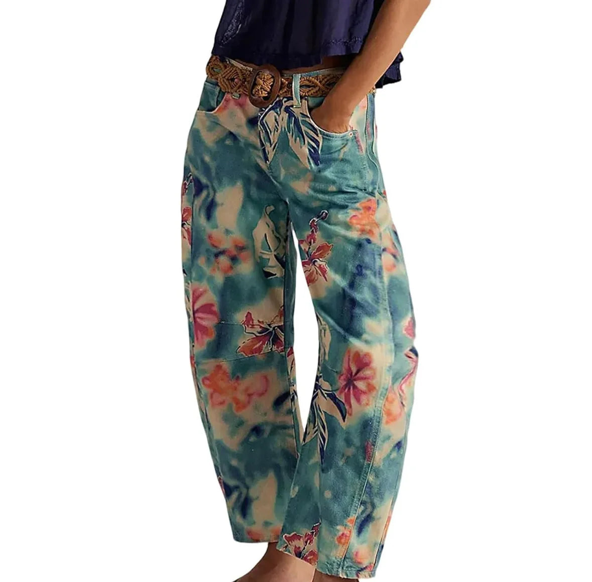 New Spring and Autumn Women's Loose Denim Flower Print Denim Pants Wide-leg Pants