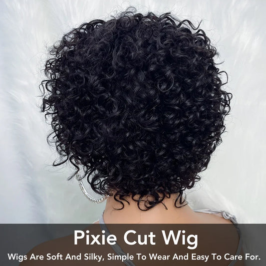 Pelucas de Cabello Humano Pixie Cut para Mujeres Negras, Rizos Afro Rose Funmi sin Pegamento con Flequillo, Peluca Corta Bob Rizado Voluminoso con Flequillo