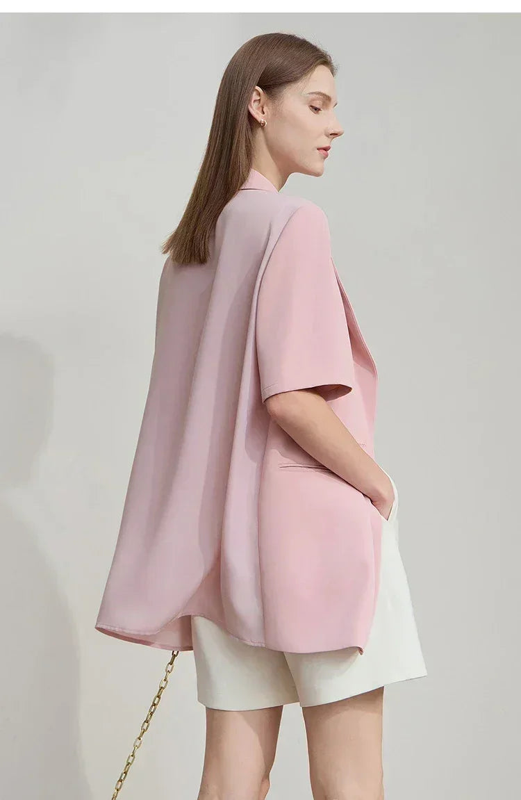 Amii Women's Top Minimalist 2025 Summer New Notched Lapel Contrast Material Patchwork One Button Short Sleeve Blazer 12542081