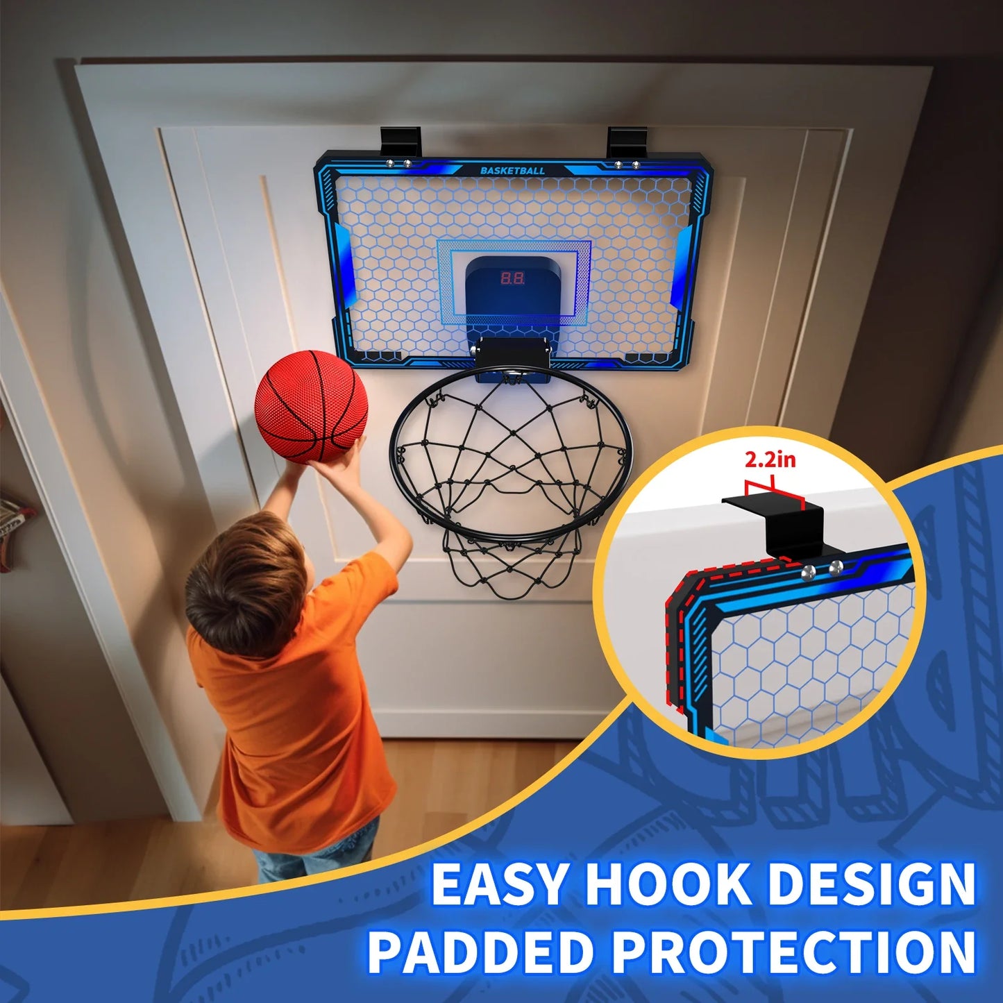 Basketball Hoop Wall-mounted Indoor Training Home Kids Basketball Toy,with 7 LED Lights Scoreboard 3 Play Modes,Mini Basketball Hoop Set For Kids Outdoor Games