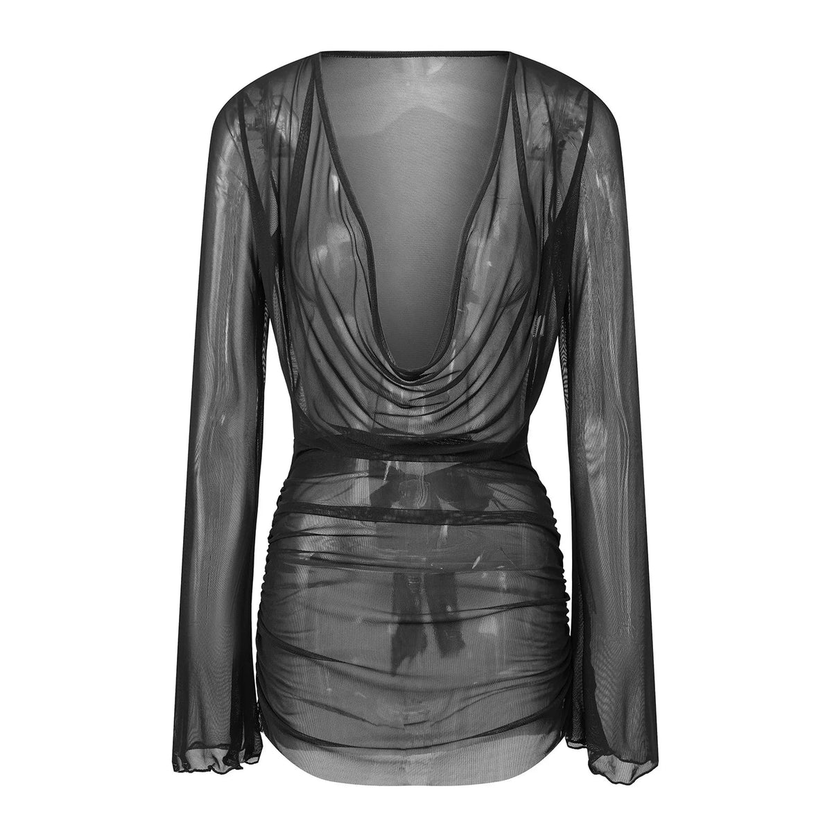 Women's Summer Solid Color Sheer Beach Mini Dress Long Sleeve Deep V Neck Swim Cover Up Swimwear for Pool Vacation