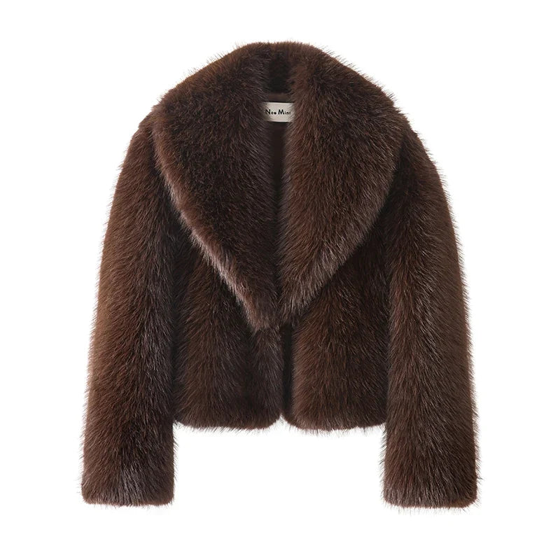 Neo Mint Street Fashion Shawl Collar Faux Fox Fur Coat Women 2024 Winter Cool Girls Black Short Fur Jacket Vintage Chic Overcoat