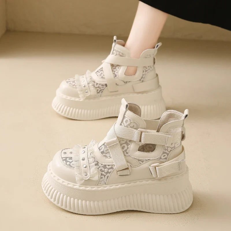 Lace Thick Bottom Sneaker Pumps Belt Buckle Elegant Fashion Comfortable Sexy Genuine Leather Women Shoes Round Toe New Hot Girls