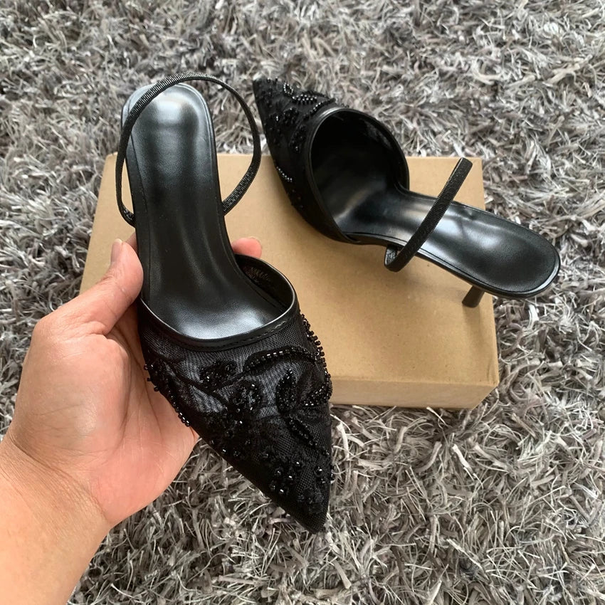Black Embroidered Mesh Slingback High Heels Sandals for Women Designer Shoes Woman Elegant Style Wedding Party Pumps