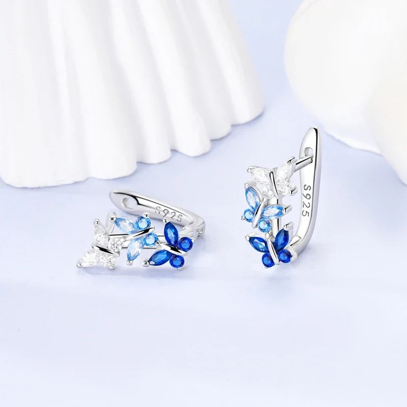 Original 925 Sterling Silver Blue Zirconium Butterfly Earrings Colored Hoop Earring Women Female Party Fine Earring Jewelry Gift