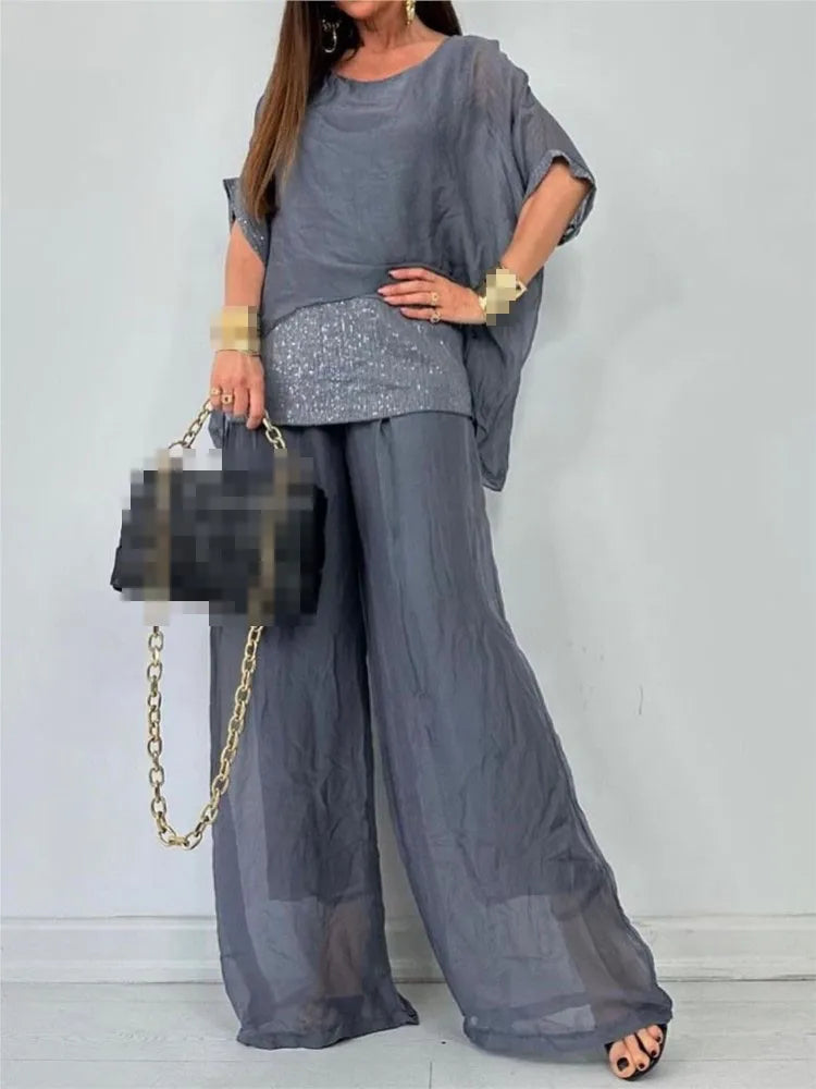 2024 New Autumn Collection Chiffon Round Neck Five Quarter Sleeve Short Sleeve Fashion Bead Splicing Pants Casual Set For Women