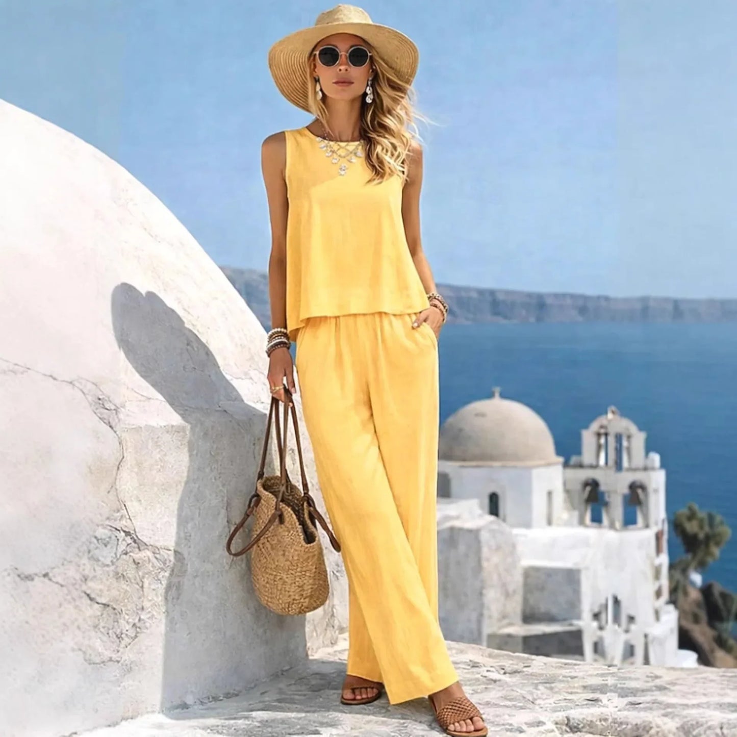  Women Vacation 2 Piece Outfit Sleeveless Tank Loose Top Pockets Wide Leg Pants Cotton Linen Blend Casual Summer Beach Wear