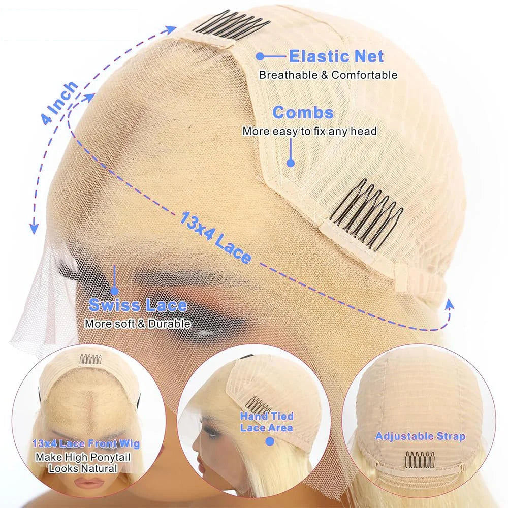 Peluca corta Bob liso de 220% de densidad, color rubio miel 613, cabello brasileño, peluca de cabello humano con encaje frontal 13x4 pre-arrancado con cabello de bebé
