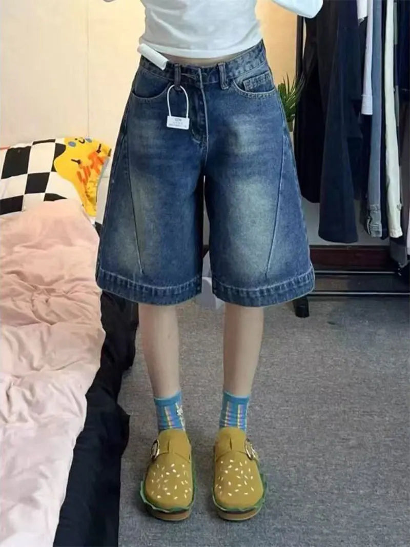Blue Loose Wide Leg Denim Shorts Women's Summer New Design High Waist