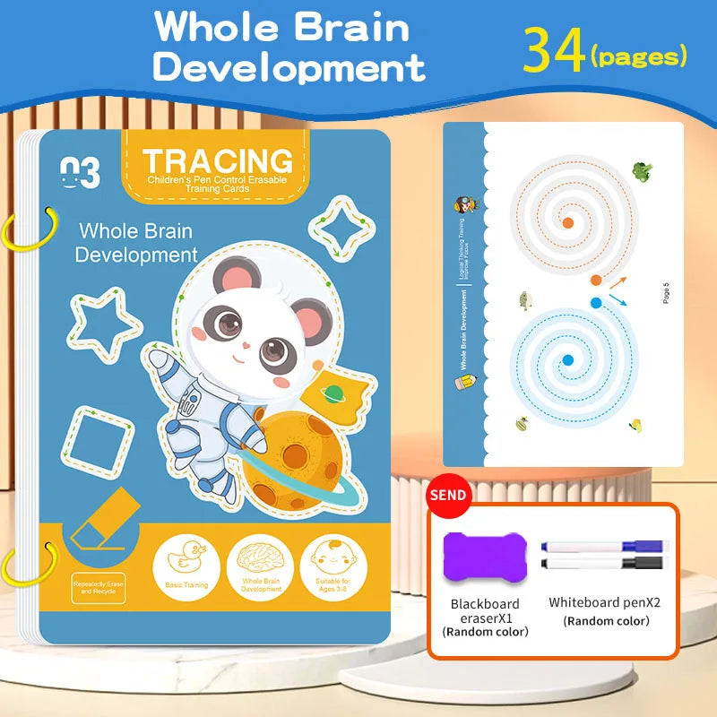 34-Page Reusable Children's Practice Book Set with Erasable Pen - Early Learning of Writing and Drawing Skills, Educational Books for Pen Control Training, Innovative Learning - Perfect Choice for Christmas and Birthday Gifts