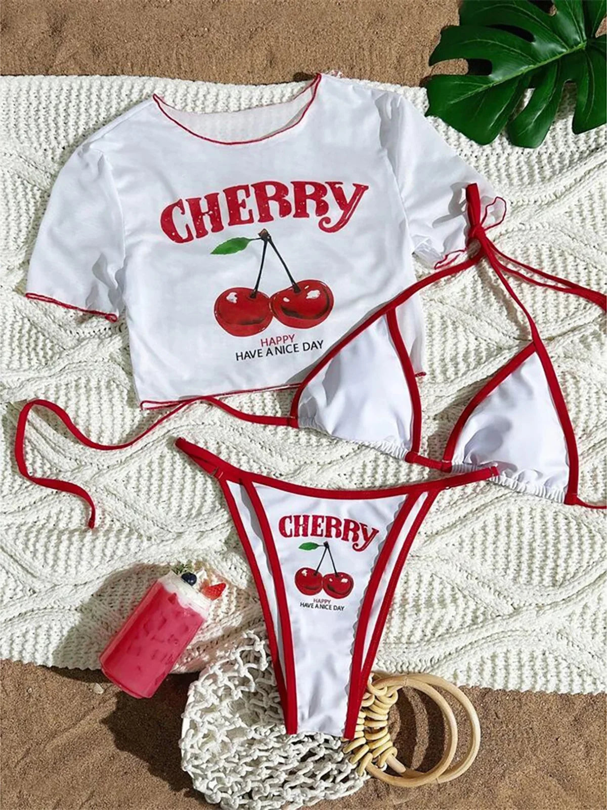 S -XL 13 Color Printed Three-piece Bikini set Short Sleeve Bikini Female Swimsuit Women Swimwear Bather Bathing Suit Swim V6854G