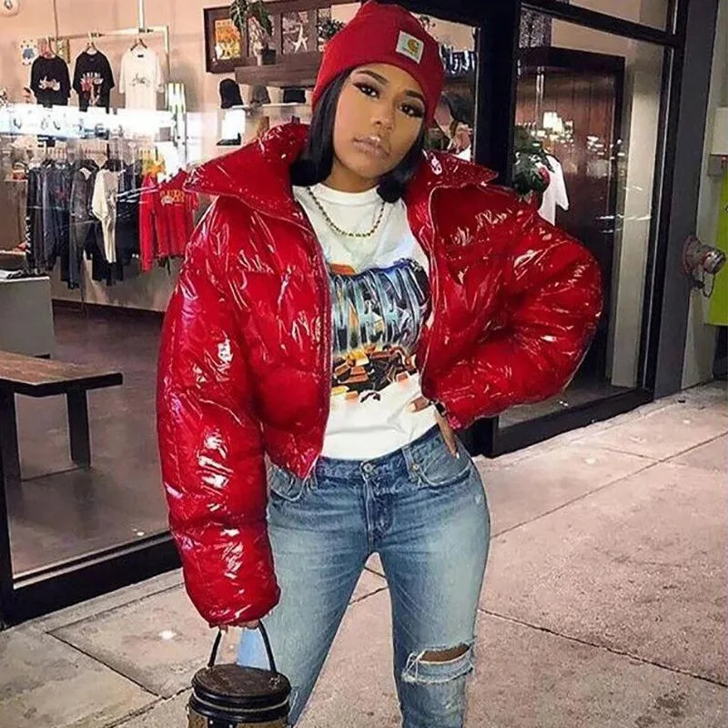 Fashion Cute Women Bright PU Pink Puffer Jacket Winter Warm Bubble Coats Shiny Leather Parkas Down Zipper Cropped Jackets Parkas