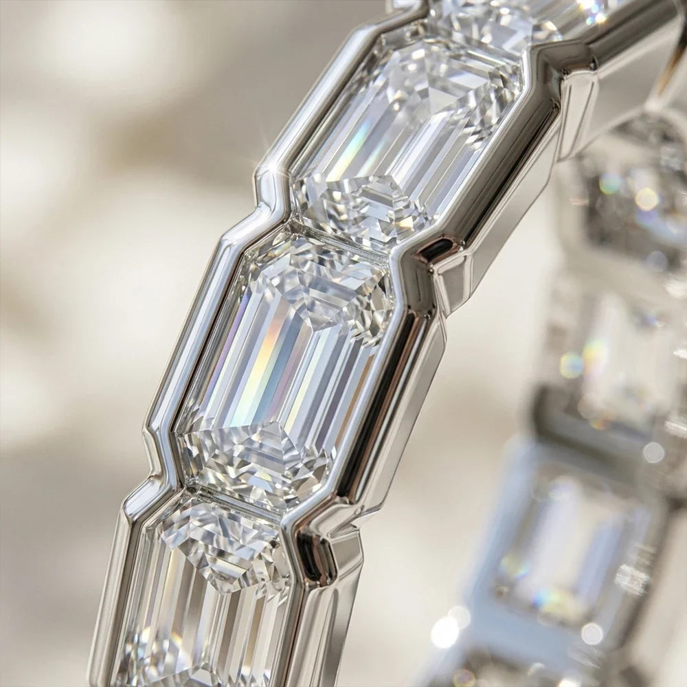 KNOBSPIN 3x5mm Emerald Cut Moissanite Eternity Band Ring D VVS1 Lab Created Diamond S925 Sterling Silver Wedding Rings for Women