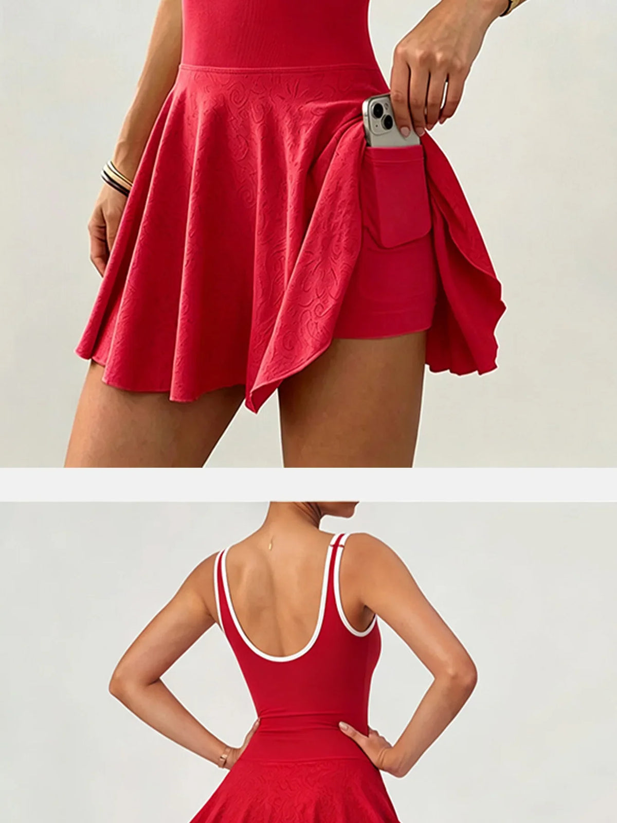 Naked Breathable Tennis Dresses with Built-in Pocket Shorts Women Color Contrast Hollow Out Backless Sports Golf Pleate Dress