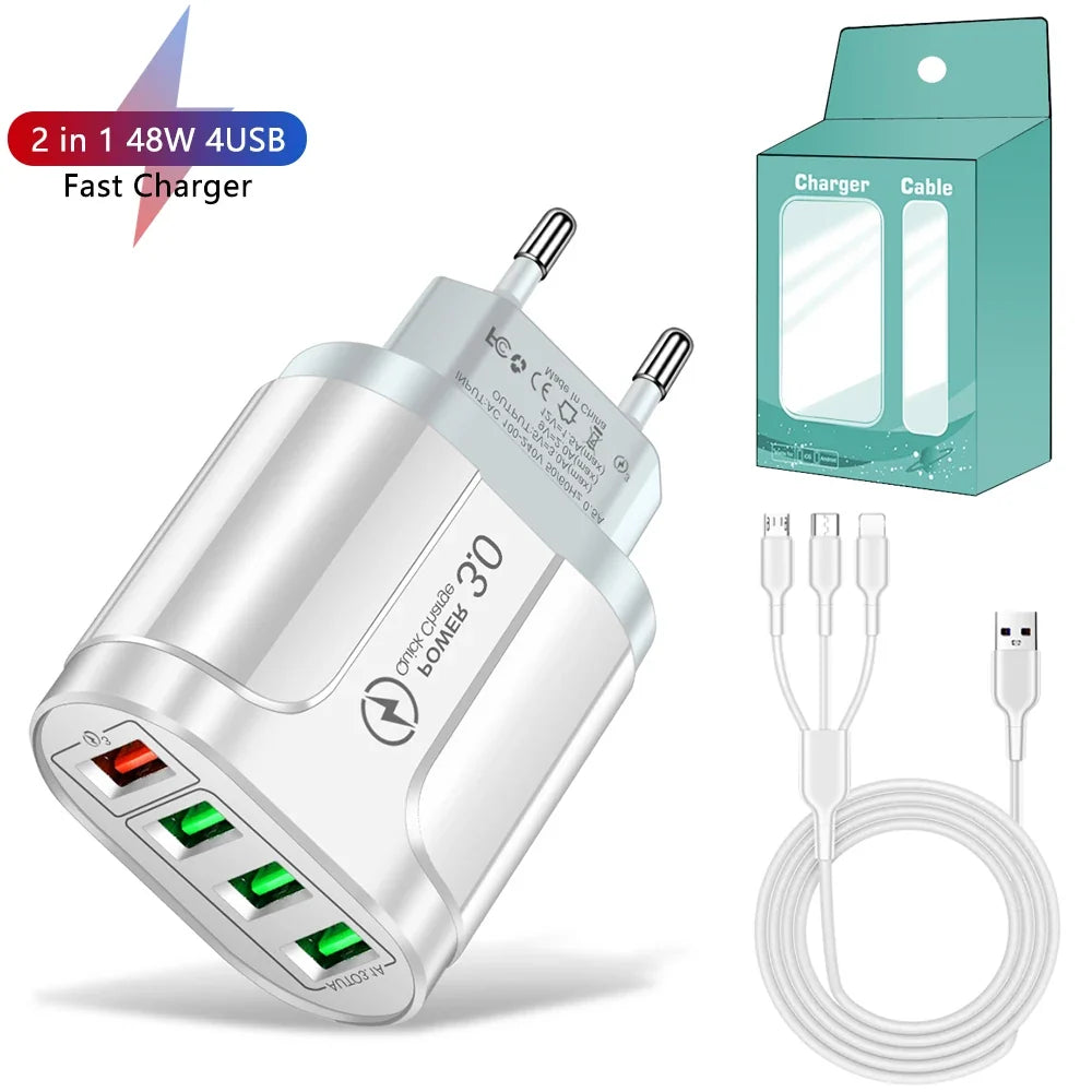 4 USB 45W USB Charger Fast Charge QC 3.0 Wall Charging For iPhone 15 14 Samsung Xiaomi Mobile 4 Ports EU US Plug Adapter Travel