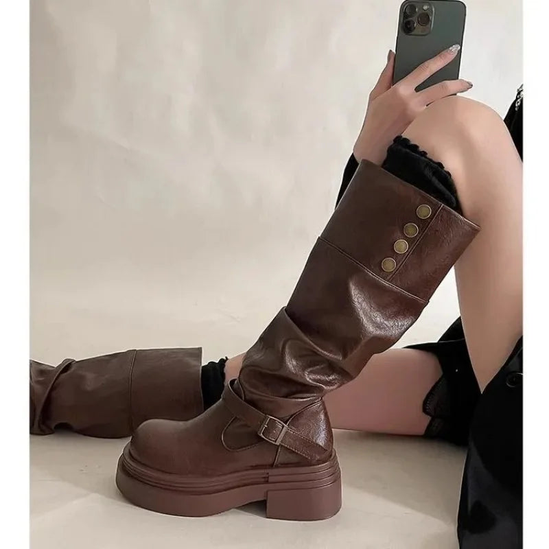 Women's High Knee Boots, Chunky Platform Stacked Rider Boots, Spring/Autumn Two-Way Edgy Fold-Over Cuff Fashion Design